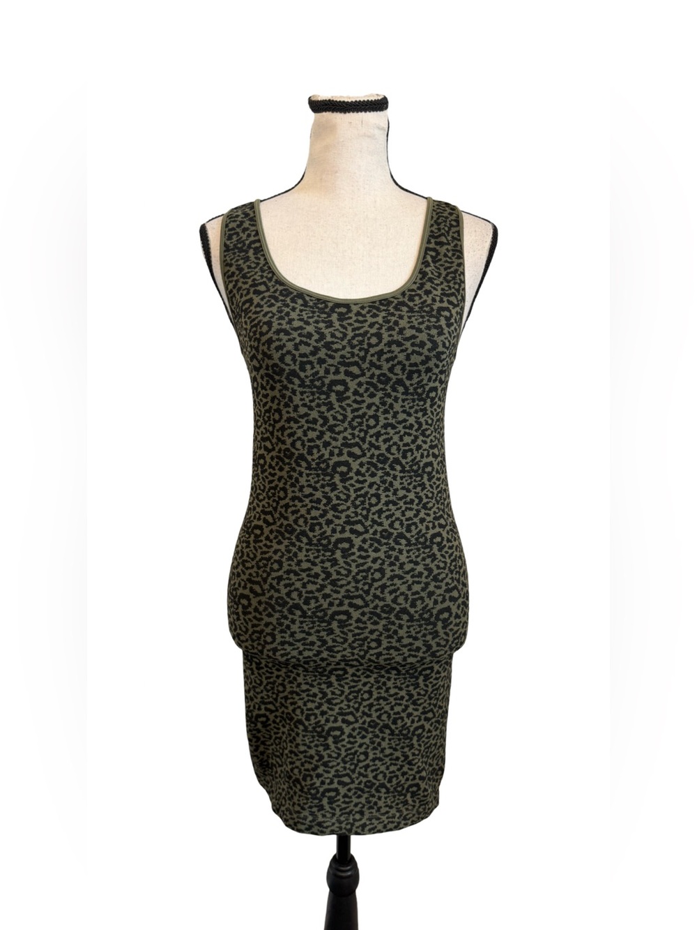 Skinny Tees Leopard Print Tank Dress Olive Black Stretch Bodycon Mini Dress OS